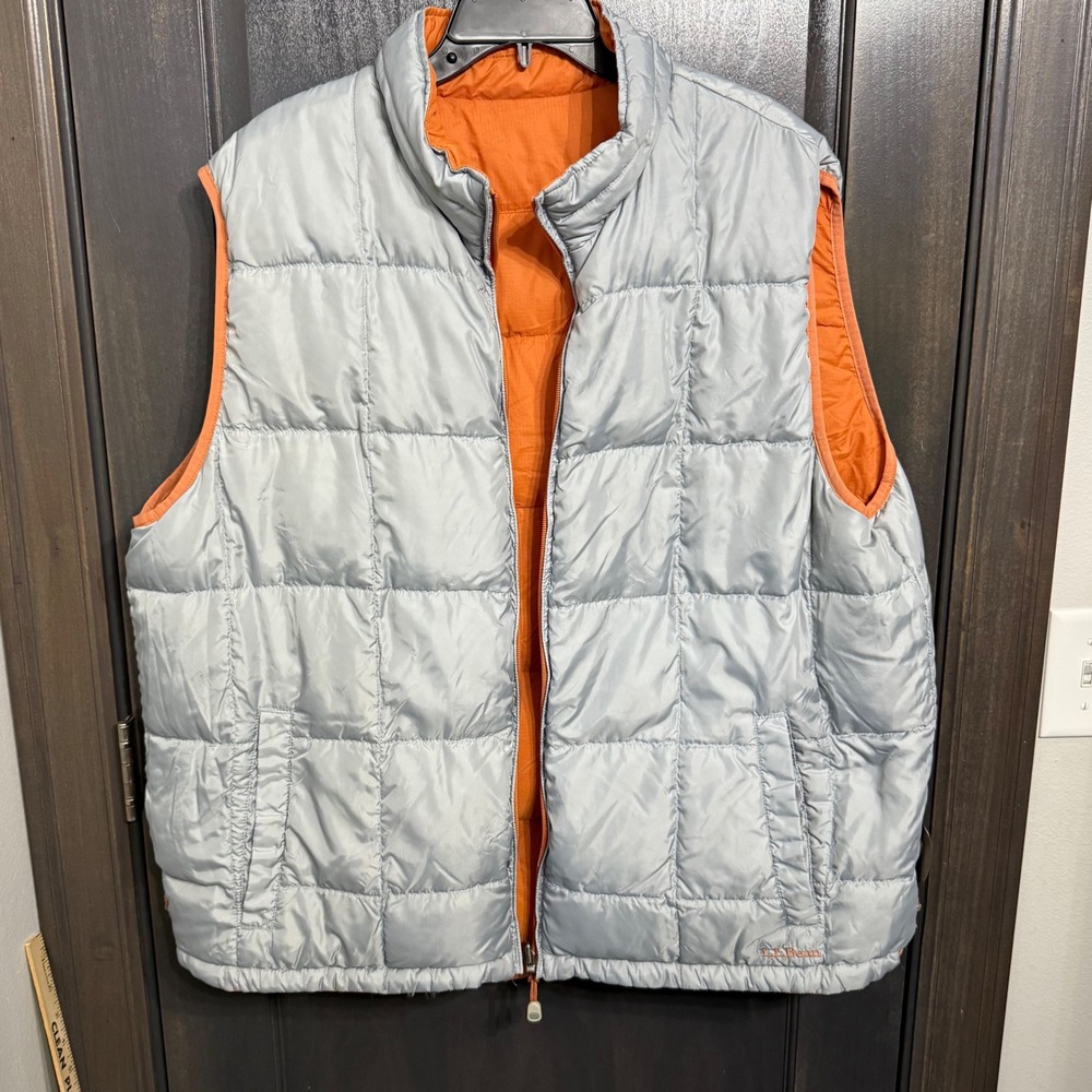 LL Bean Reversible Puffer Vest Mens Gray Orange Quilted Insulated Full Zip